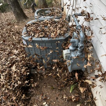 Leaf and debris buildup around an outdoor AC unit before cleanup